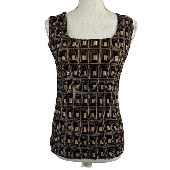 Geometric Retro Pattern Pleated Tank Top Neutral Colors Stretch Multi Patterned - Picture 1 of 7